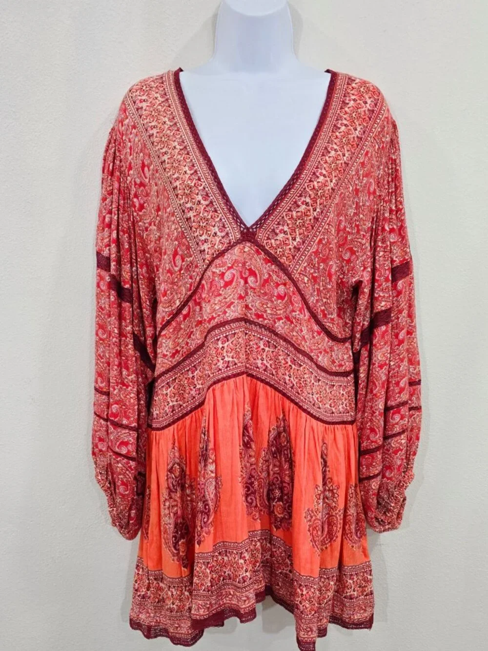 Free People ✦ Paisley Babydoll Tunic Dress ✦ Red Orange Oversized Boho Festival - Picture 2 of 13